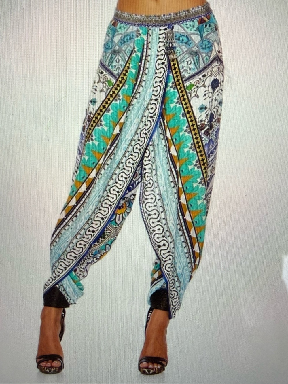 Camilla Teal, White & Mustard Printed Wide-Leg Silk Harem Pants